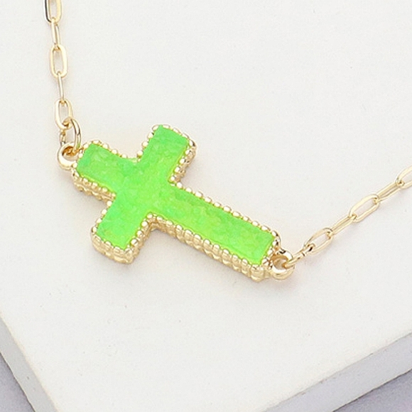 Neon Green Druzy Sideways Cross Bracelet Gold Cinch Pull Chain - Picture 2 of 2